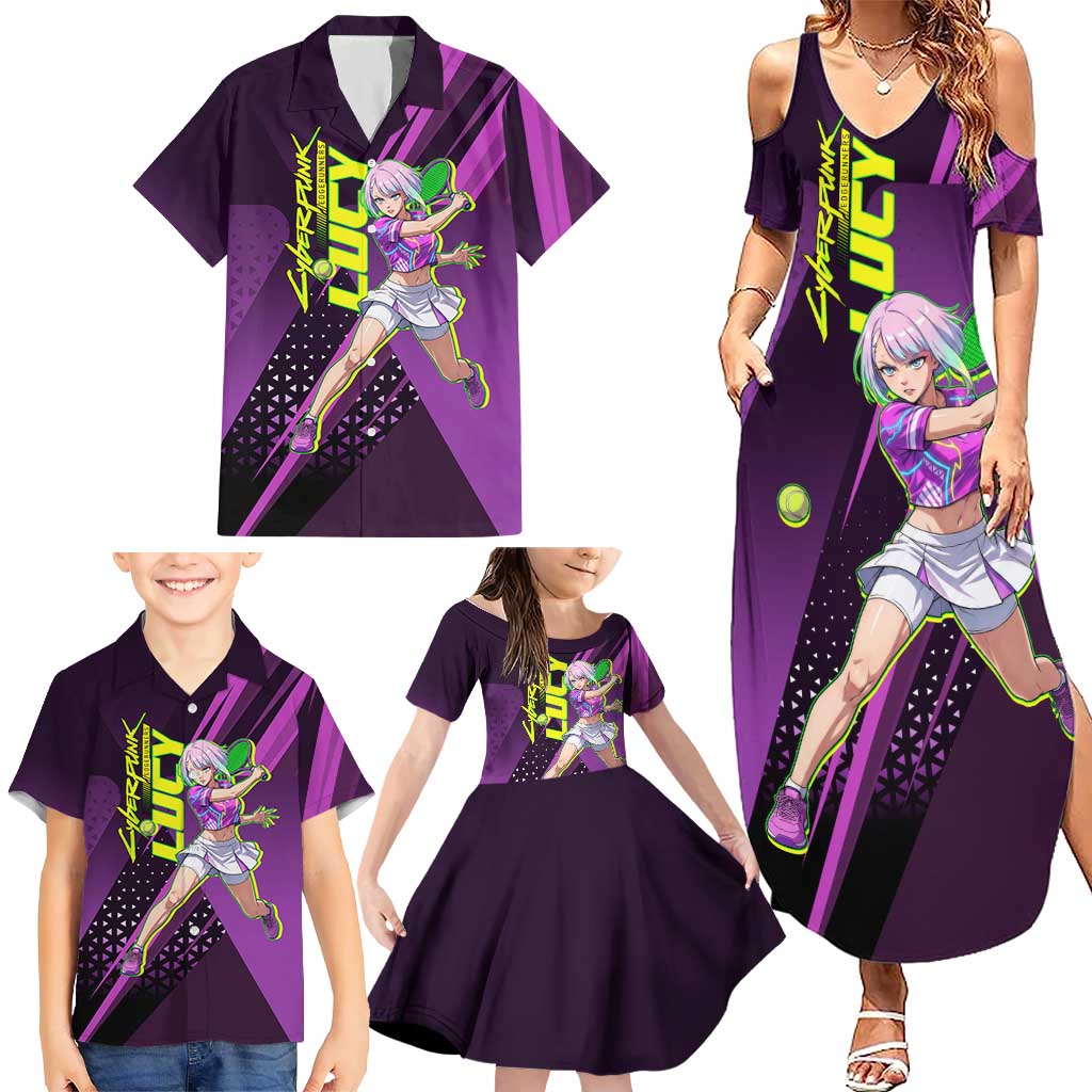 Personalized Lucy Tennis Design Family Matching Summer Maxi Dress and Hawaiian Shirt with a Cyberpunk Edgerunners Theme Featuring Neon Purple and Dynamic Poses
