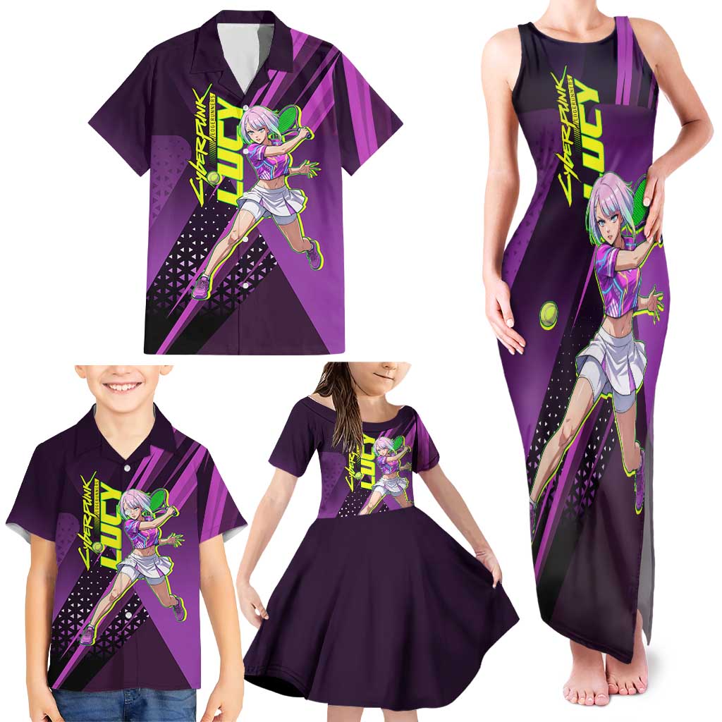Personalized Lucy Tennis Design Family Matching Tank Maxi Dress and Hawaiian Shirt with a Cyberpunk Edgerunners Theme Featuring Neon Purple and Dynamic Poses