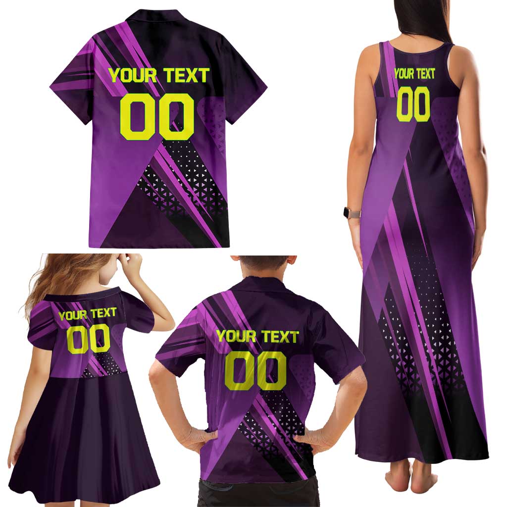 Personalized Lucy Tennis Design Family Matching Tank Maxi Dress and Hawaiian Shirt with a Cyberpunk Edgerunners Theme Featuring Neon Purple and Dynamic Poses