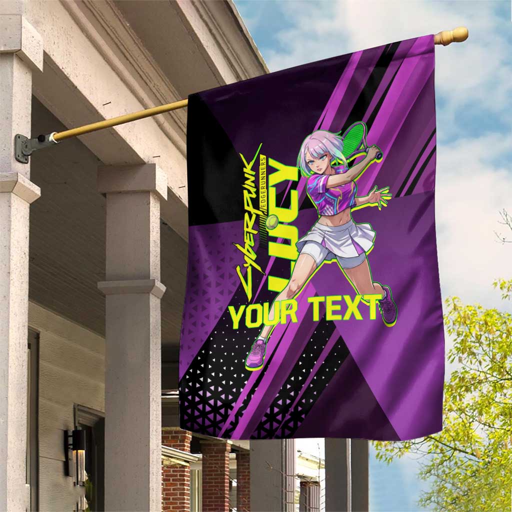 Personalized Lucy Tennis Design Garden Flag with a Cyberpunk Edgerunners Theme Featuring Neon Purple and Dynamic Poses
