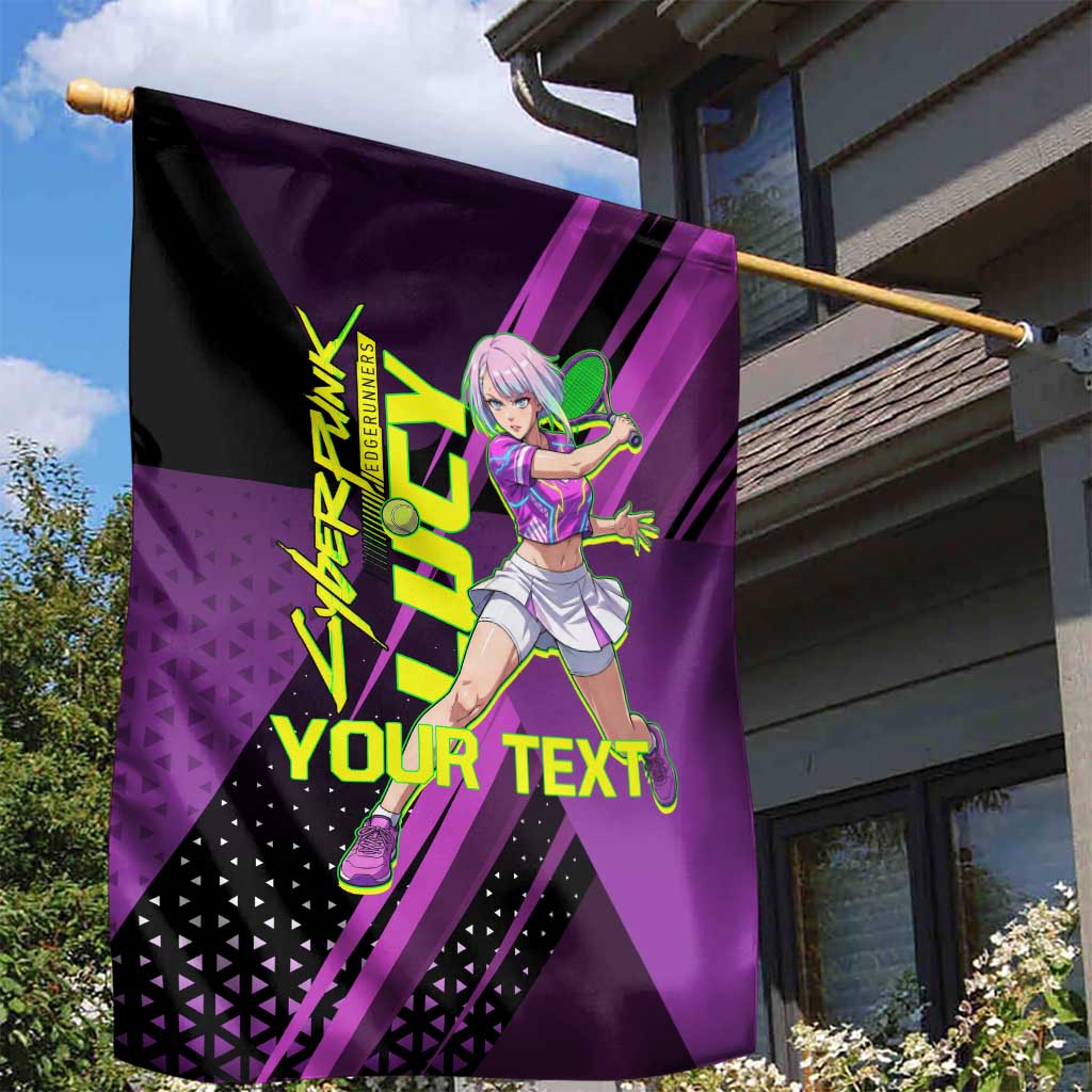 Personalized Lucy Tennis Design Garden Flag with a Cyberpunk Edgerunners Theme Featuring Neon Purple and Dynamic Poses