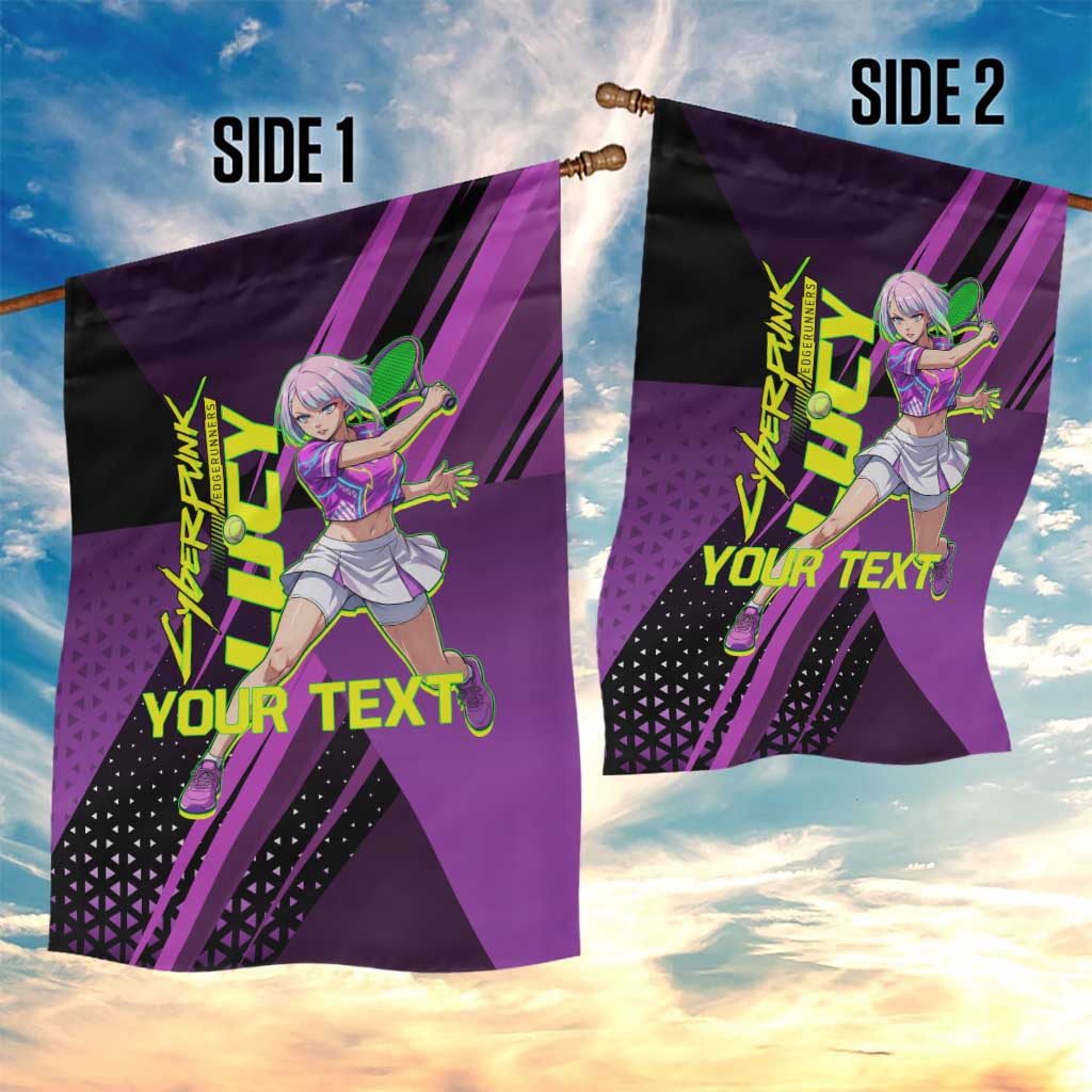 Personalized Lucy Tennis Design Garden Flag with a Cyberpunk Edgerunners Theme Featuring Neon Purple and Dynamic Poses