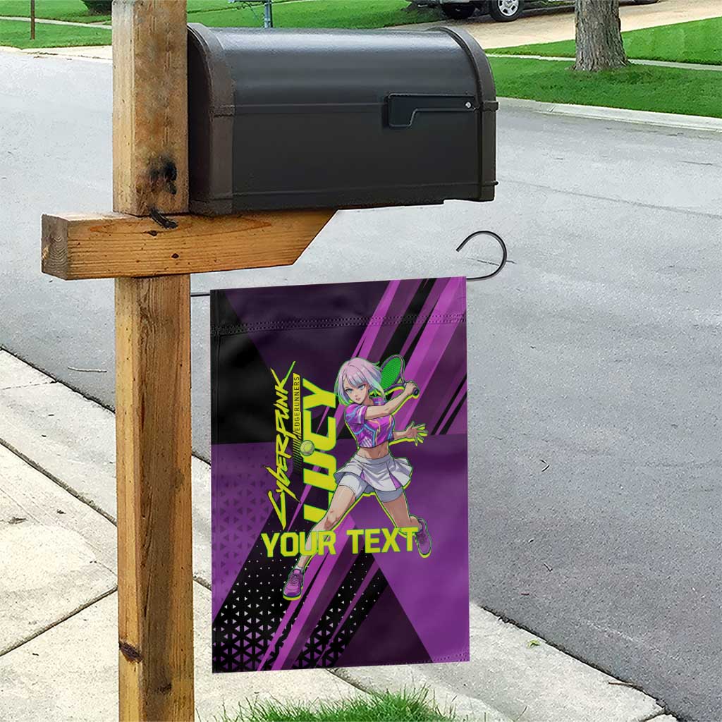 Personalized Lucy Tennis Design Garden Flag with a Cyberpunk Edgerunners Theme Featuring Neon Purple and Dynamic Poses