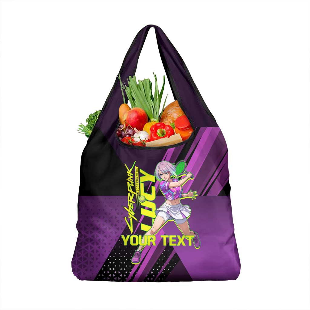 Personalized Lucy Tennis Design Grocery Bag with a Cyberpunk Edgerunners Theme Featuring Neon Purple and Dynamic Poses
