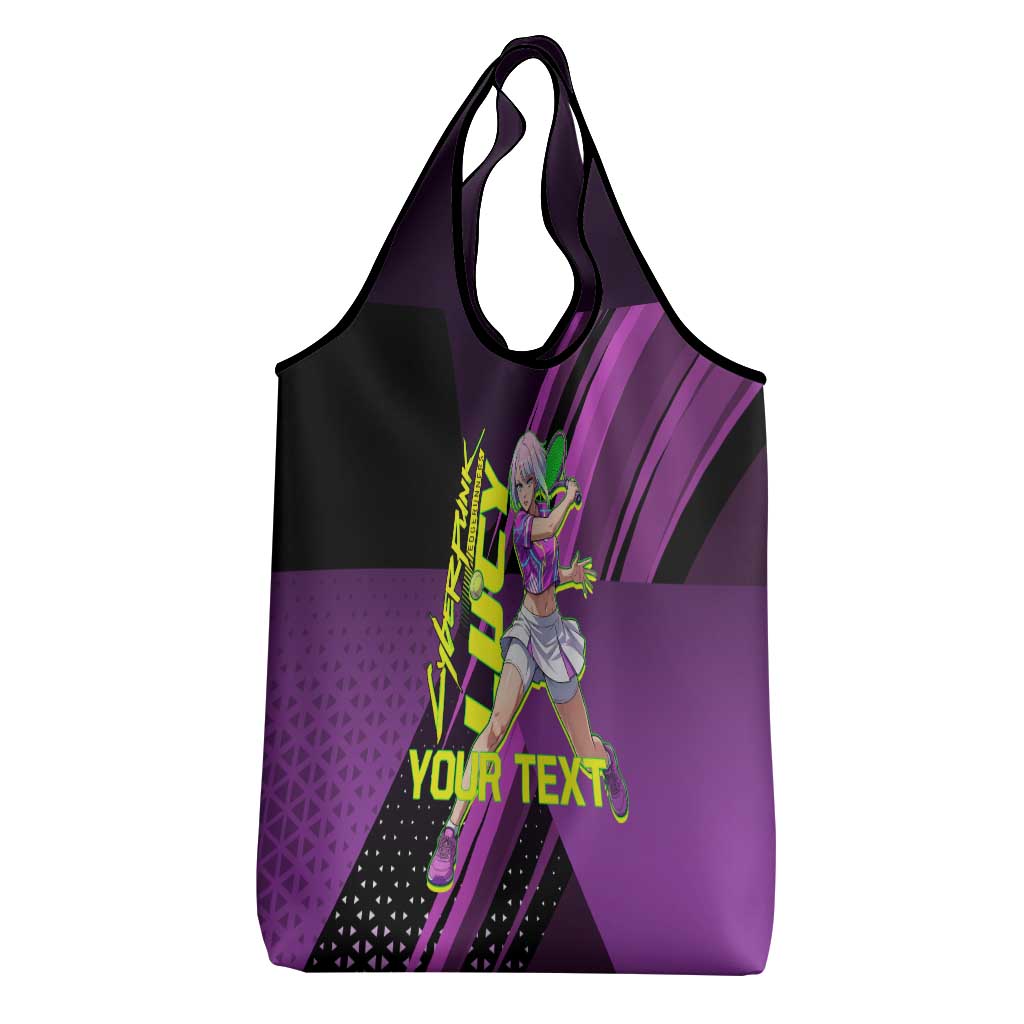 Personalized Lucy Tennis Design Grocery Bag with a Cyberpunk Edgerunners Theme Featuring Neon Purple and Dynamic Poses