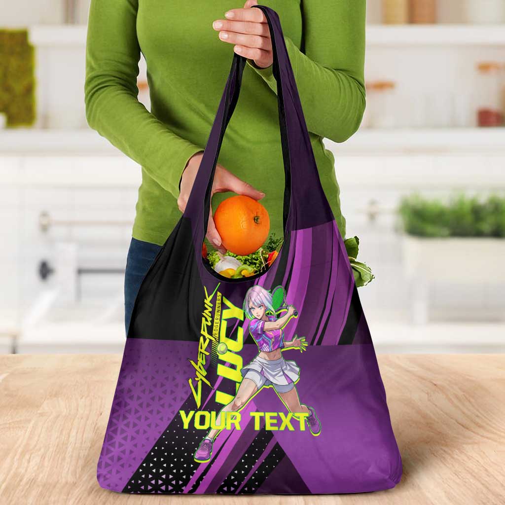 Personalized Lucy Tennis Design Grocery Bag with a Cyberpunk Edgerunners Theme Featuring Neon Purple and Dynamic Poses