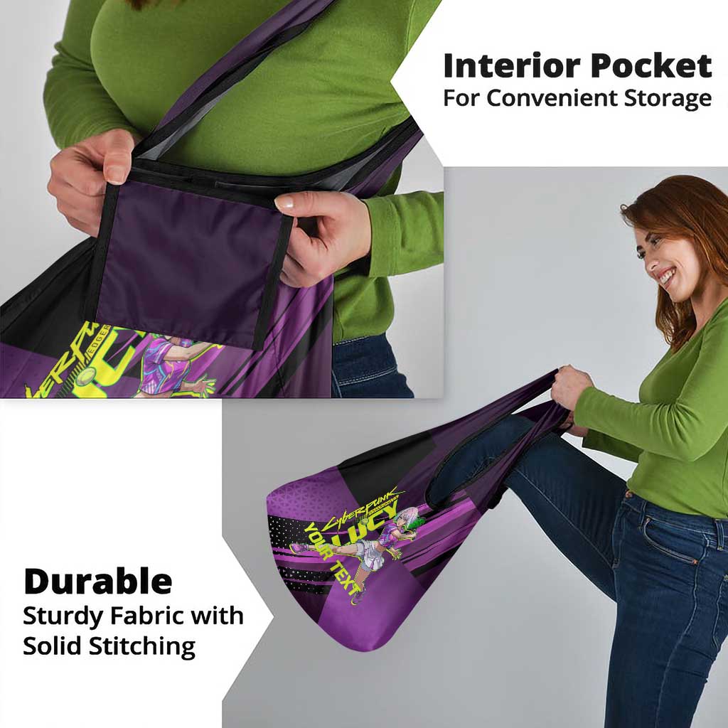 Personalized Lucy Tennis Design Grocery Bag with a Cyberpunk Edgerunners Theme Featuring Neon Purple and Dynamic Poses
