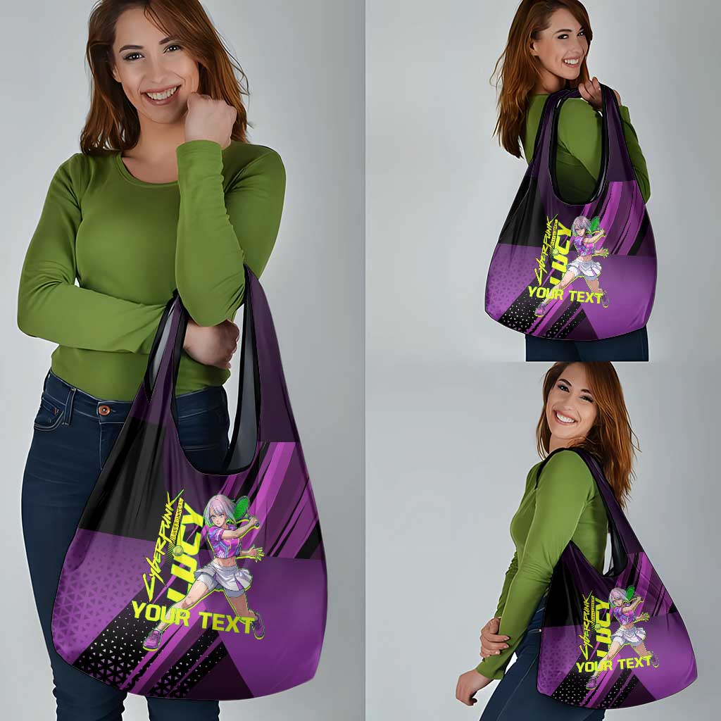 Personalized Lucy Tennis Design Grocery Bag with a Cyberpunk Edgerunners Theme Featuring Neon Purple and Dynamic Poses