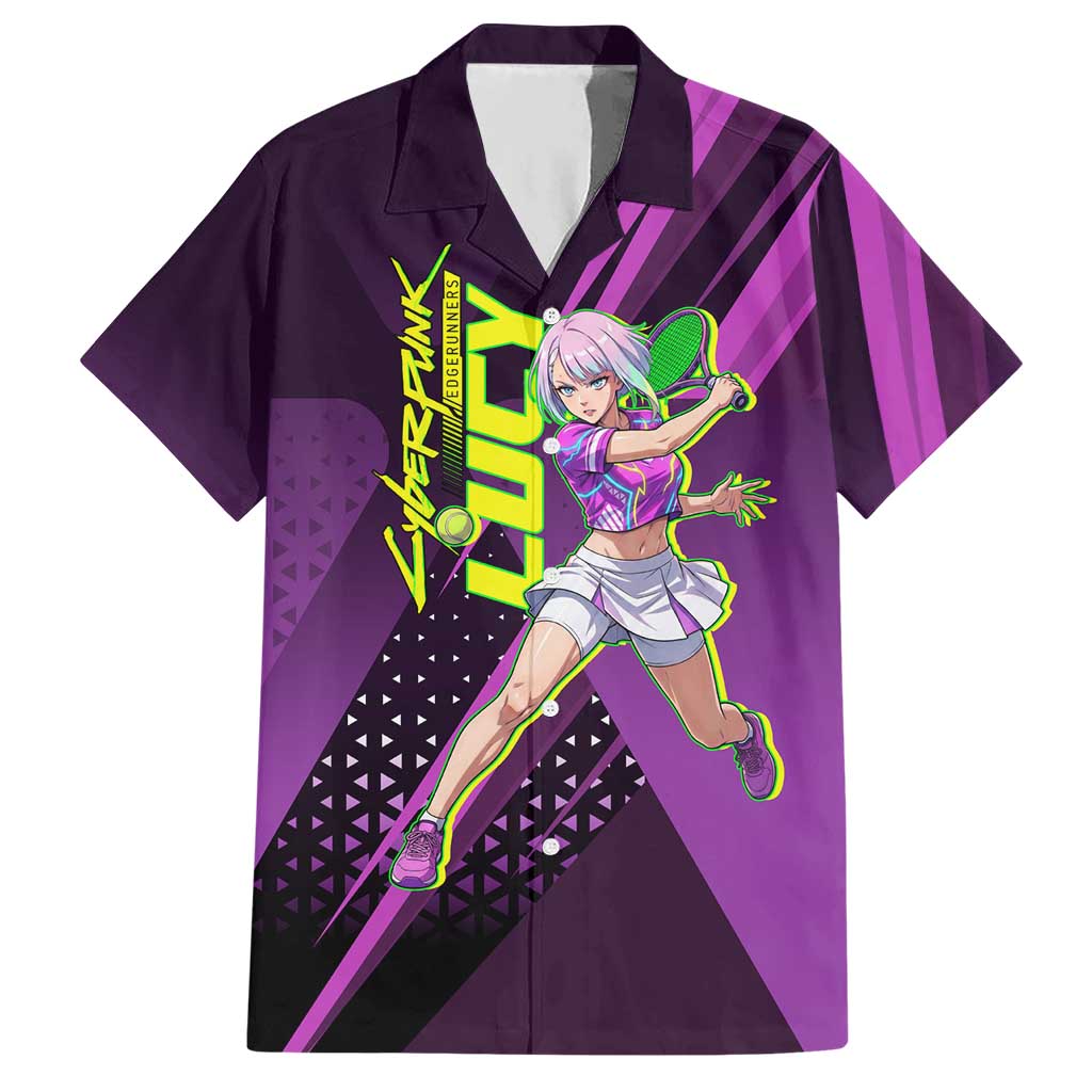 Personalized Lucy Tennis Design Hawaiian Shirt with a Cyberpunk Edgerunners Theme Featuring Neon Purple and Dynamic Poses