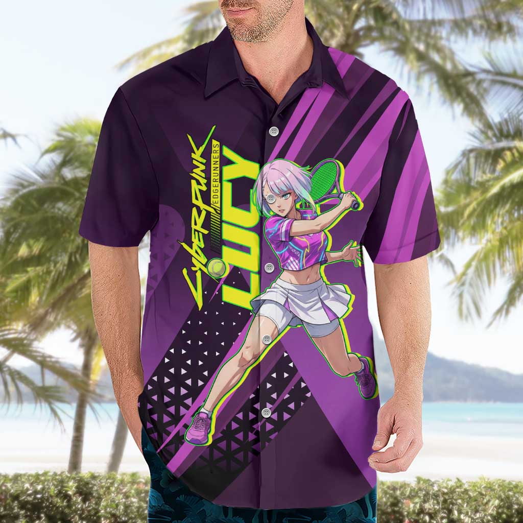 Personalized Lucy Tennis Design Hawaiian Shirt with a Cyberpunk Edgerunners Theme Featuring Neon Purple and Dynamic Poses