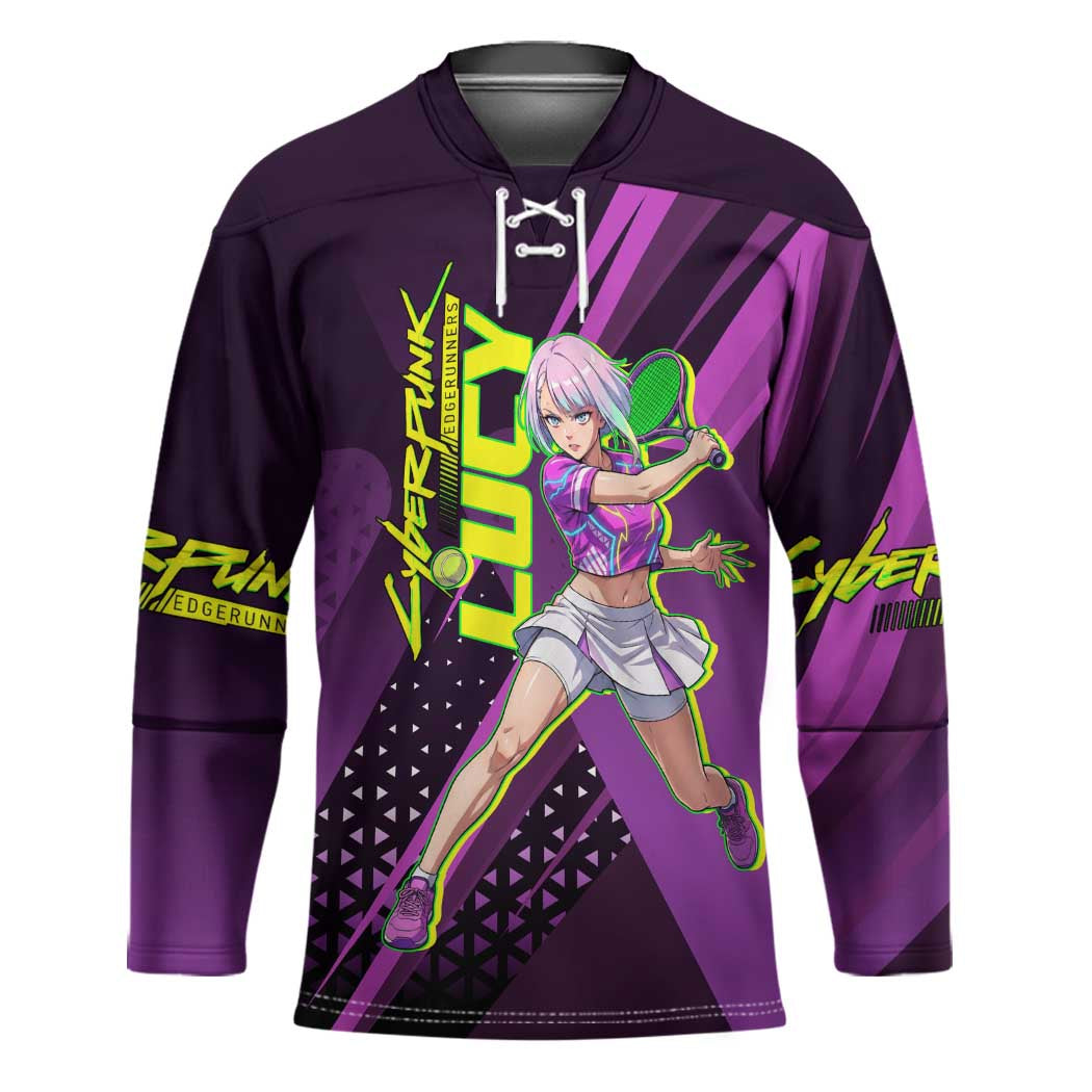 Personalized Lucy Tennis Design Hockey Jersey with a Cyberpunk Edgerunners Theme Featuring Neon Purple and Dynamic Poses