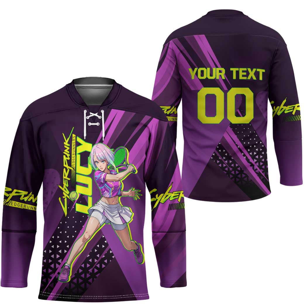 Personalized Lucy Tennis Design Hockey Jersey with a Cyberpunk Edgerunners Theme Featuring Neon Purple and Dynamic Poses