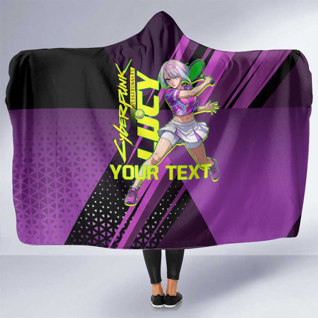 Personalized Lucy Tennis Design Hooded Blanket with a Cyberpunk Edgerunners Theme Featuring Neon Purple and Dynamic Poses