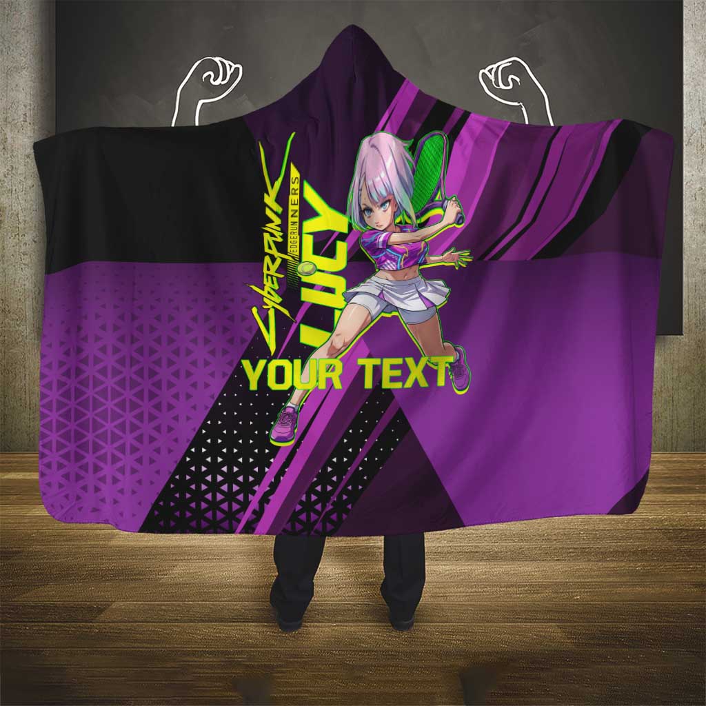 Personalized Lucy Tennis Design Hooded Blanket with a Cyberpunk Edgerunners Theme Featuring Neon Purple and Dynamic Poses