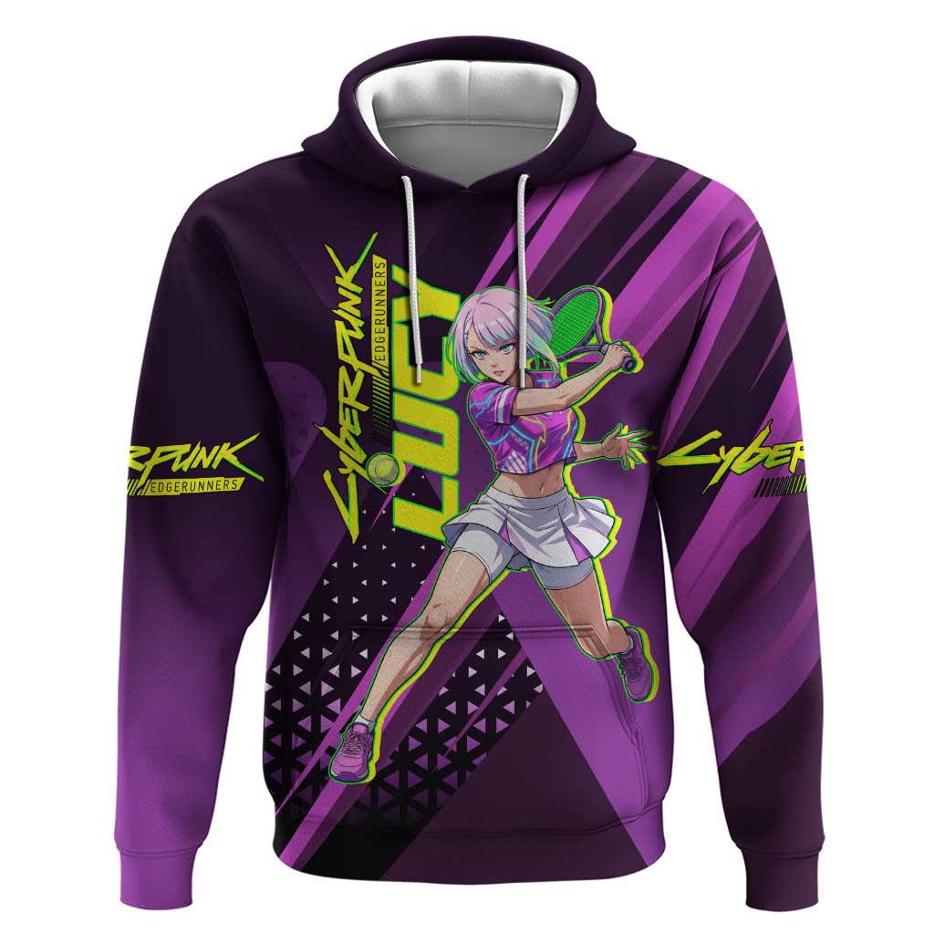 Personalized Lucy Tennis Design Hoodie with a Cyberpunk Edgerunners Theme Featuring Neon Purple and Dynamic Poses