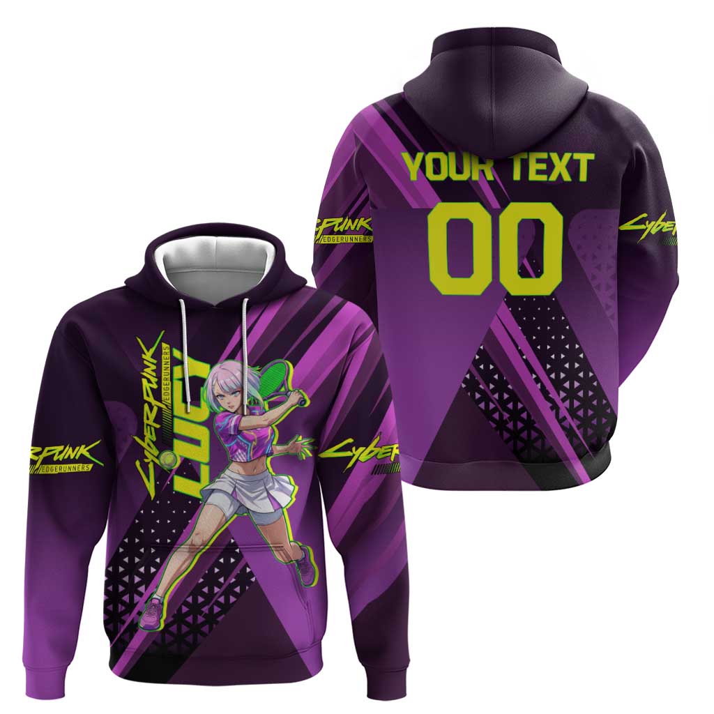 Personalized Lucy Tennis Design Hoodie with a Cyberpunk Edgerunners Theme Featuring Neon Purple and Dynamic Poses