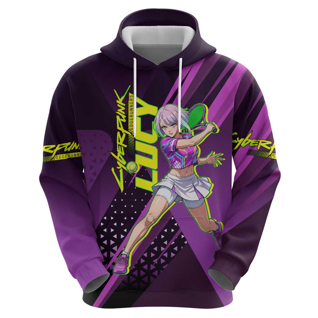Personalized Lucy Tennis Design Hoodie with a Cyberpunk Edgerunners Theme Featuring Neon Purple and Dynamic Poses