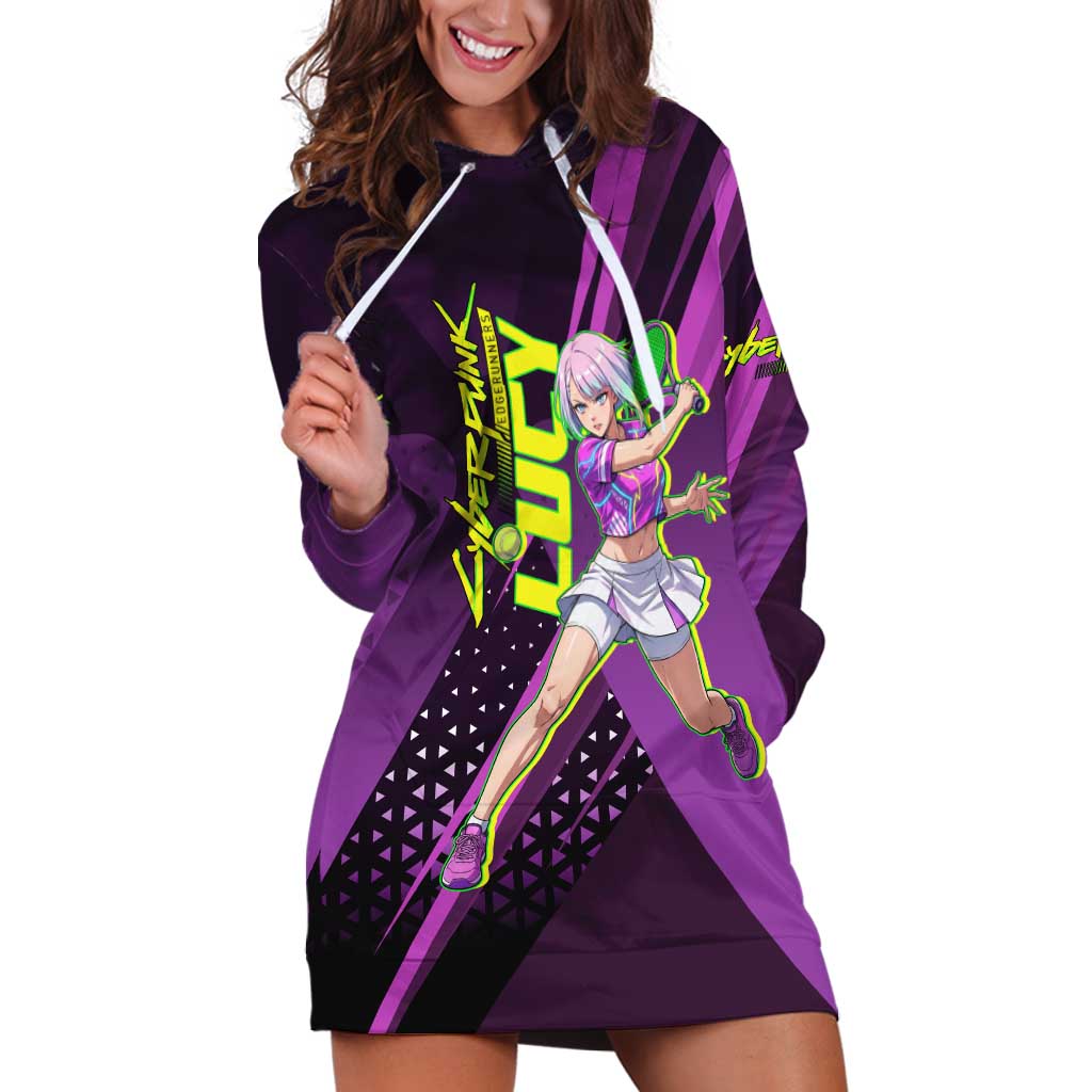 Personalized Lucy Tennis Design Hoodie Dress with a Cyberpunk Edgerunners Theme Featuring Neon Purple and Dynamic Poses