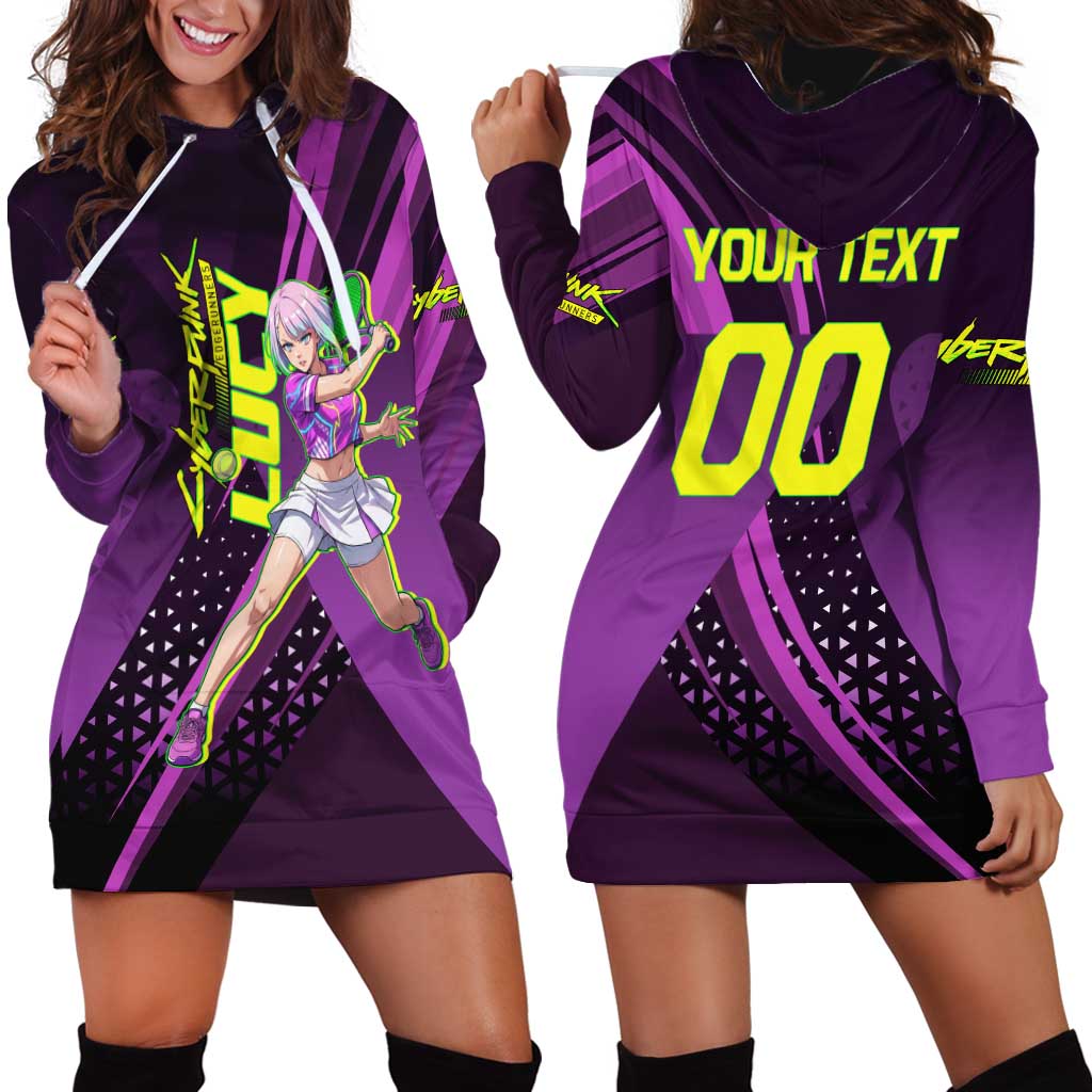 Personalized Lucy Tennis Design Hoodie Dress with a Cyberpunk Edgerunners Theme Featuring Neon Purple and Dynamic Poses
