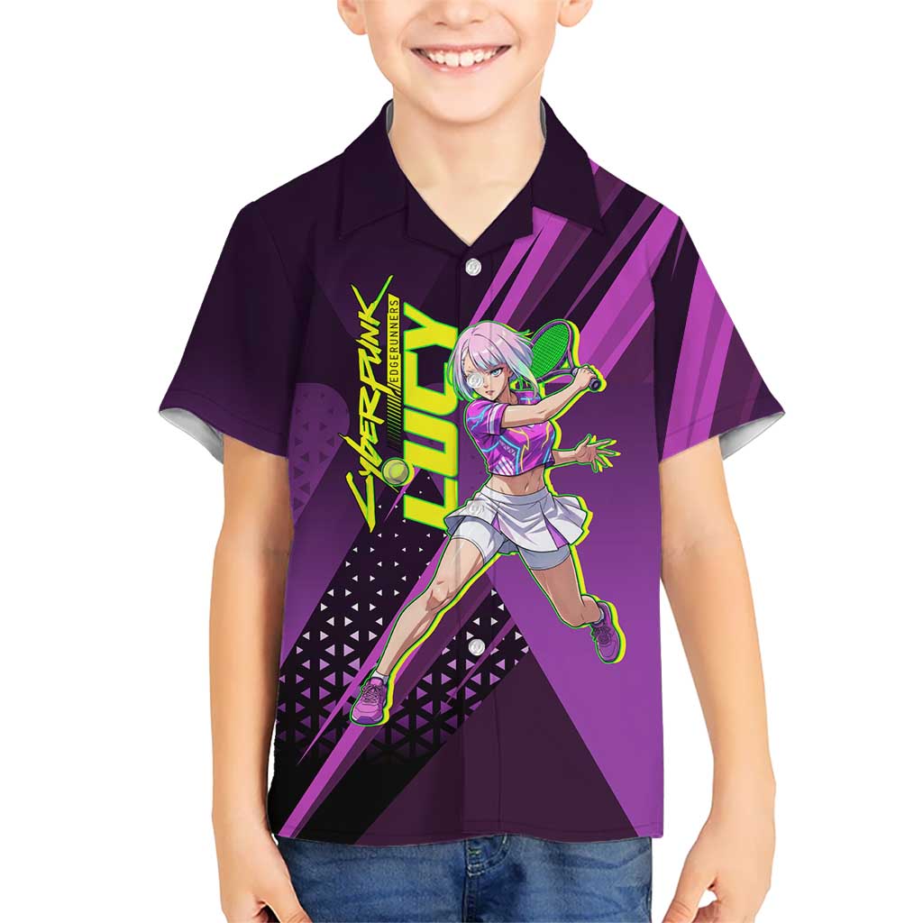 Personalized Lucy Tennis Design Kid Hawaiian Shirt with a Cyberpunk Edgerunners Theme Featuring Neon Purple and Dynamic Poses