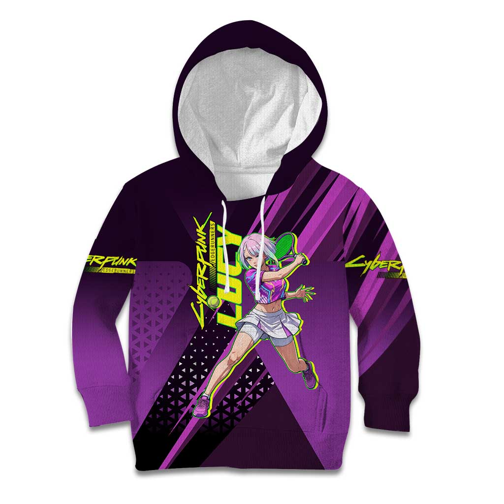 Personalized Lucy Tennis Design Kid Hoodie with a Cyberpunk Edgerunners Theme Featuring Neon Purple and Dynamic Poses