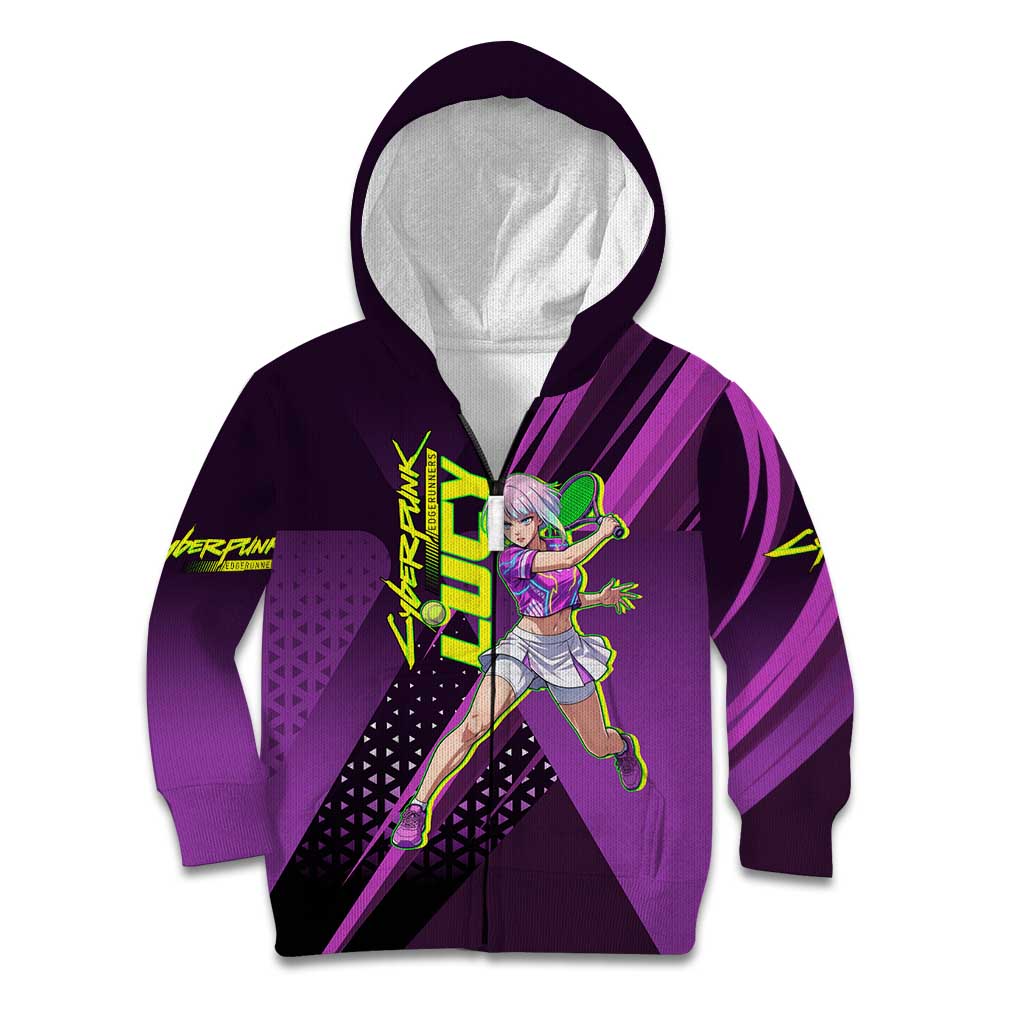 Personalized Lucy Tennis Design Kid Hoodie with a Cyberpunk Edgerunners Theme Featuring Neon Purple and Dynamic Poses