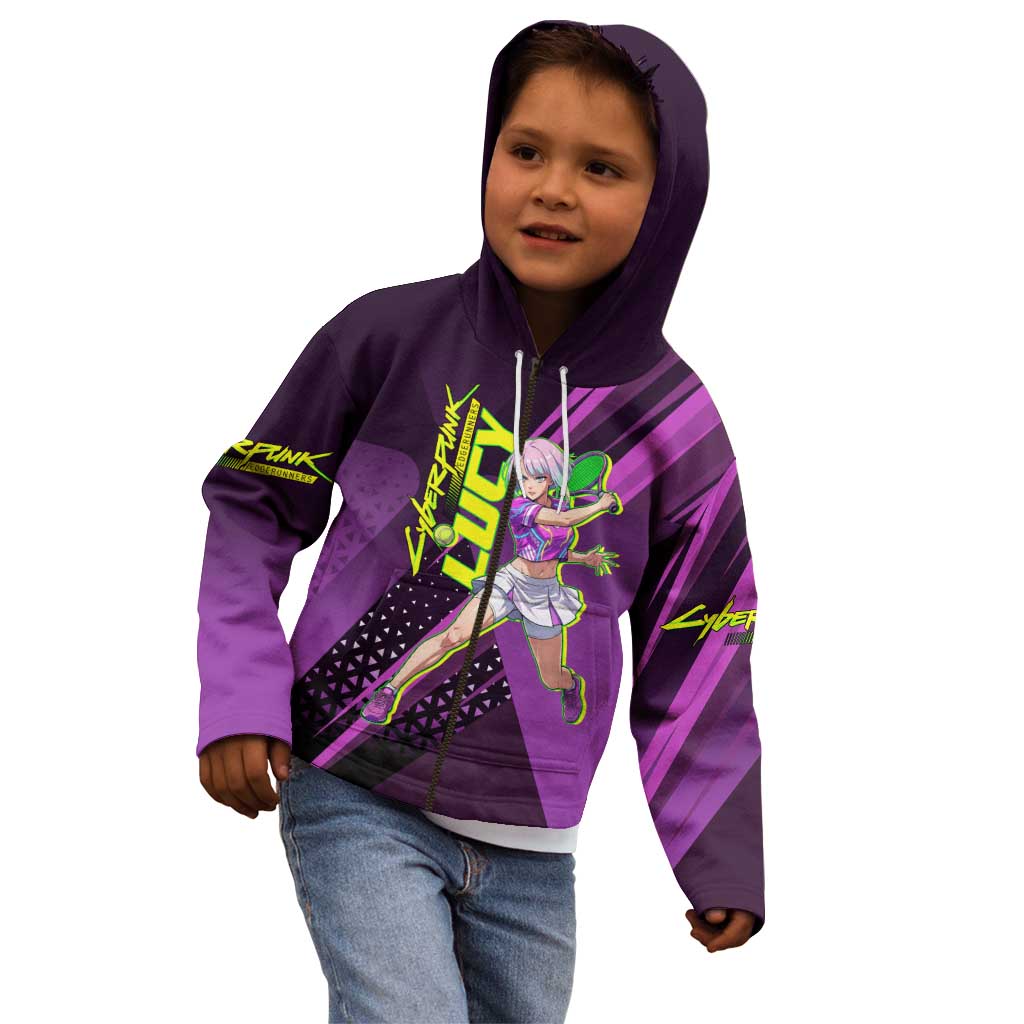 Personalized Lucy Tennis Design Kid Hoodie with a Cyberpunk Edgerunners Theme Featuring Neon Purple and Dynamic Poses