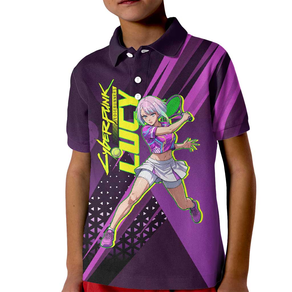 Personalized Lucy Tennis Design Kid Polo Shirt with a Cyberpunk Edgerunners Theme Featuring Neon Purple and Dynamic Poses