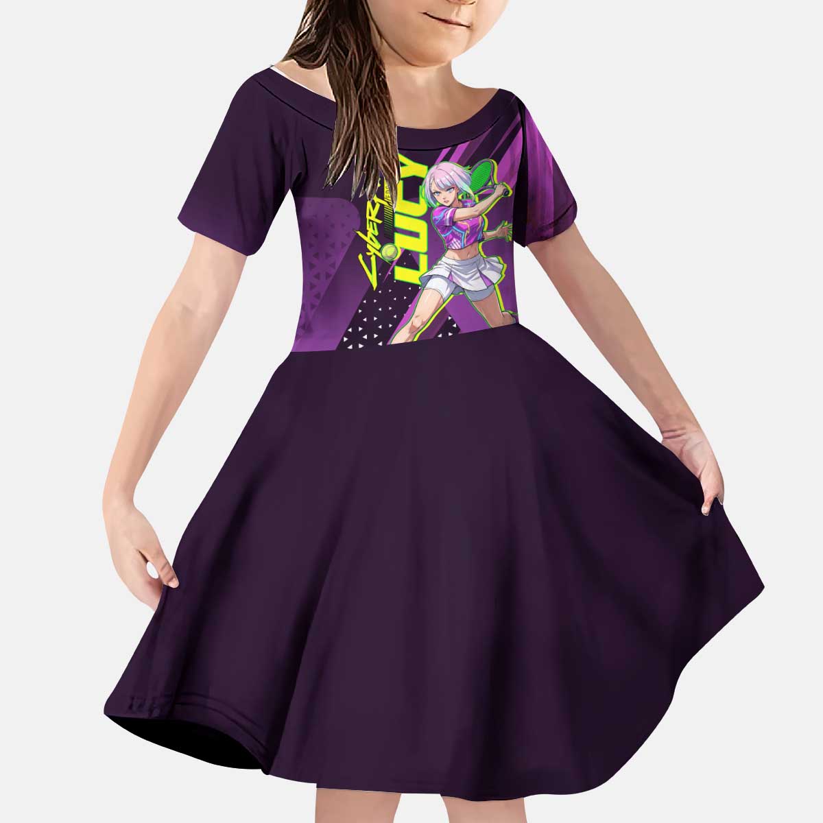 Personalized Lucy Tennis Design Kid Short Sleeve Dress with a Cyberpunk Edgerunners Theme Featuring Neon Purple and Dynamic Poses