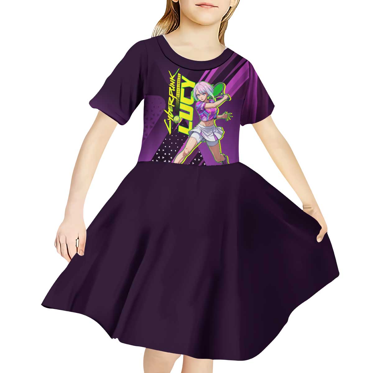 Personalized Lucy Tennis Design Kid Short Sleeve Dress with a Cyberpunk Edgerunners Theme Featuring Neon Purple and Dynamic Poses