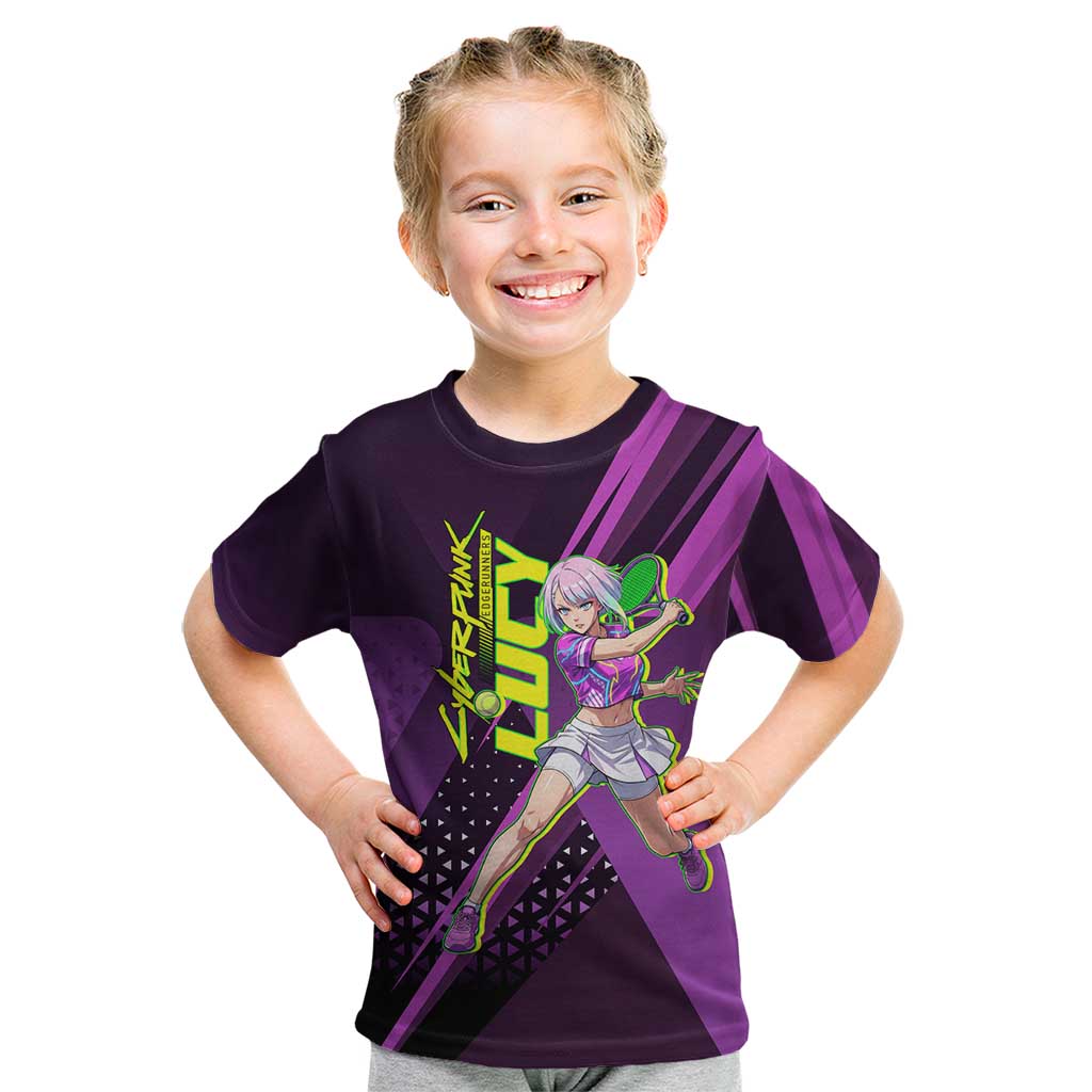 Personalized Lucy Tennis Design Kid T Shirt with a Cyberpunk Edgerunners Theme Featuring Neon Purple and Dynamic Poses