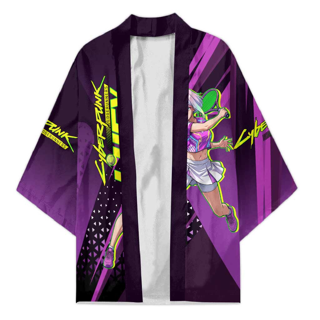 Personalized Lucy Tennis Design Kimono with a Cyberpunk Edgerunners Theme Featuring Neon Purple and Dynamic Poses