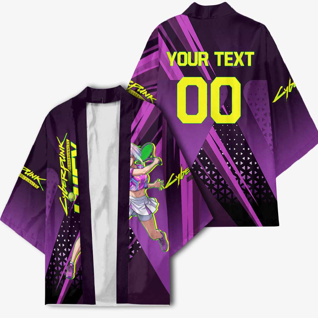 Personalized Lucy Tennis Design Kimono with a Cyberpunk Edgerunners Theme Featuring Neon Purple and Dynamic Poses
