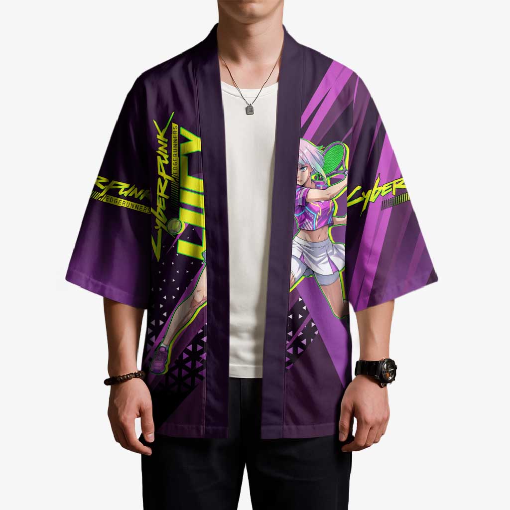 Personalized Lucy Tennis Design Kimono with a Cyberpunk Edgerunners Theme Featuring Neon Purple and Dynamic Poses