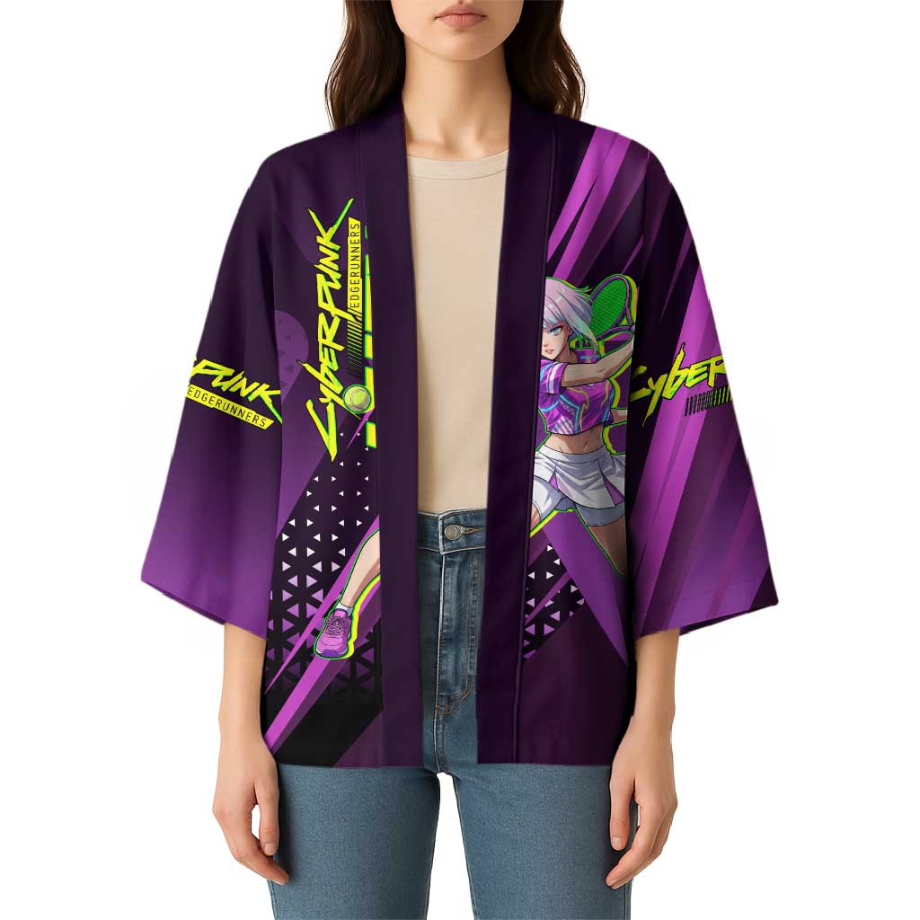 Personalized Lucy Tennis Design Kimono with a Cyberpunk Edgerunners Theme Featuring Neon Purple and Dynamic Poses