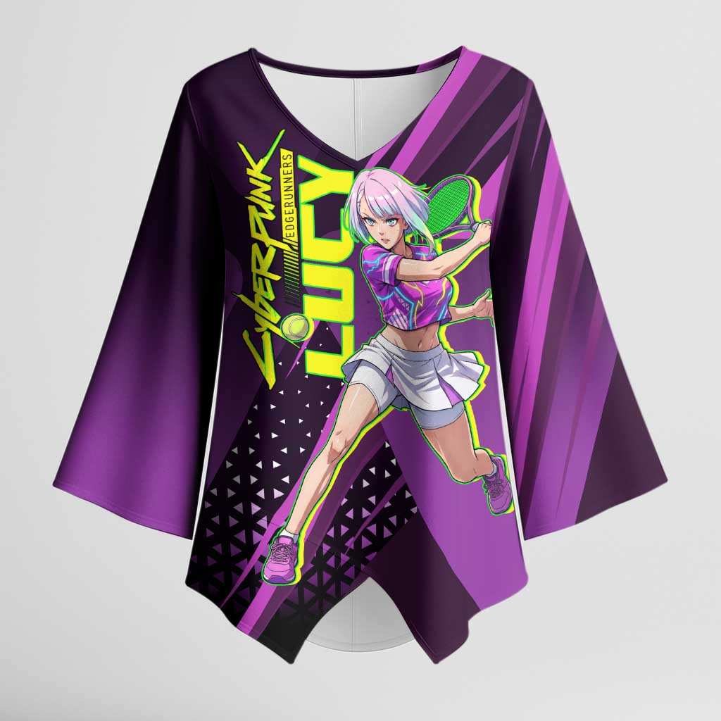 Personalized Lucy Tennis Design Kimono Sleeve Blouse with a Cyberpunk Edgerunners Theme Featuring Neon Purple and Dynamic Poses