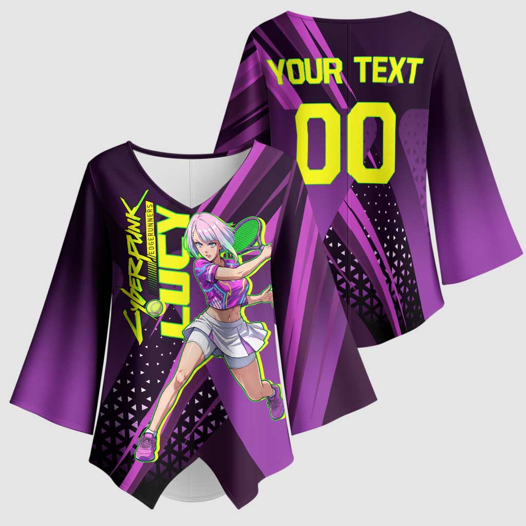 Personalized Lucy Tennis Design Kimono Sleeve Blouse with a Cyberpunk Edgerunners Theme Featuring Neon Purple and Dynamic Poses