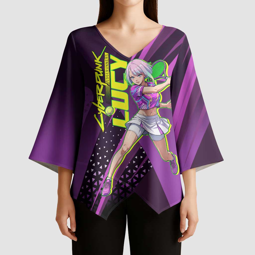 Personalized Lucy Tennis Design Kimono Sleeve Blouse with a Cyberpunk Edgerunners Theme Featuring Neon Purple and Dynamic Poses