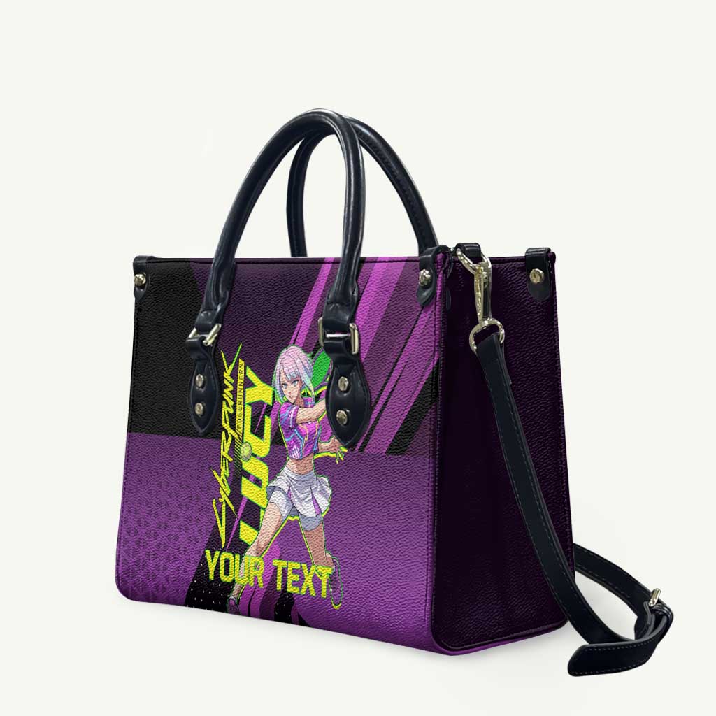 Personalized Lucy Tennis Design Leather Bag with a Cyberpunk Edgerunners Theme Featuring Neon Purple and Dynamic Poses