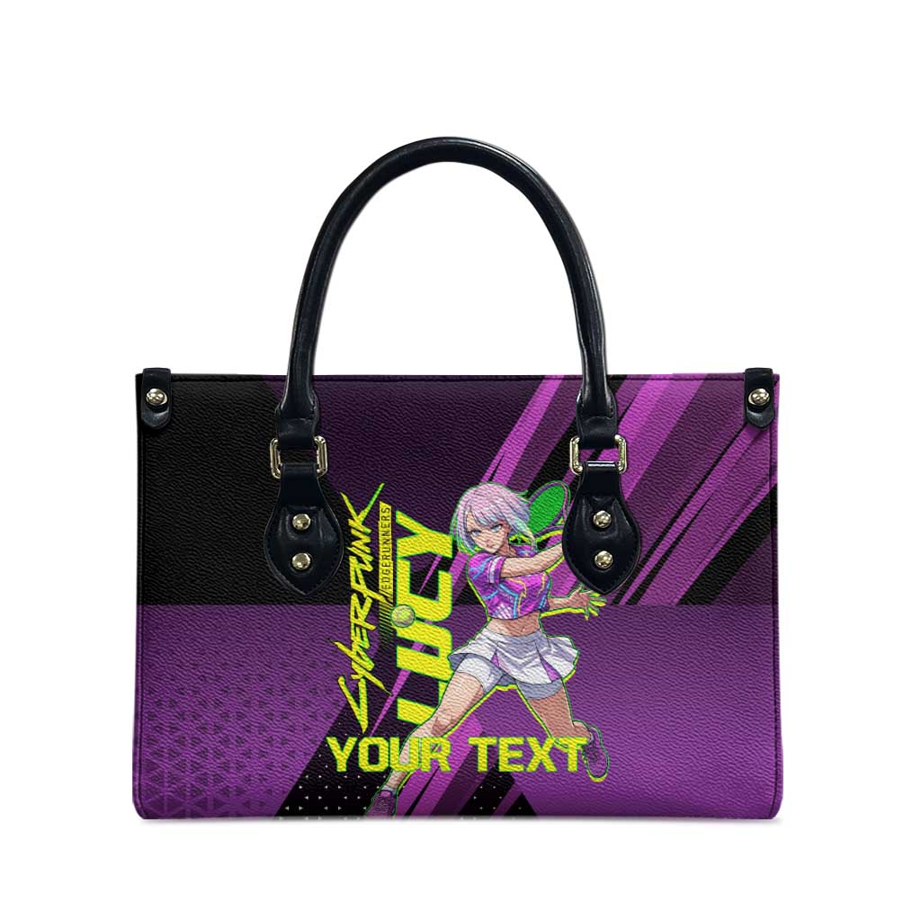 Personalized Lucy Tennis Design Leather Bag with a Cyberpunk Edgerunners Theme Featuring Neon Purple and Dynamic Poses