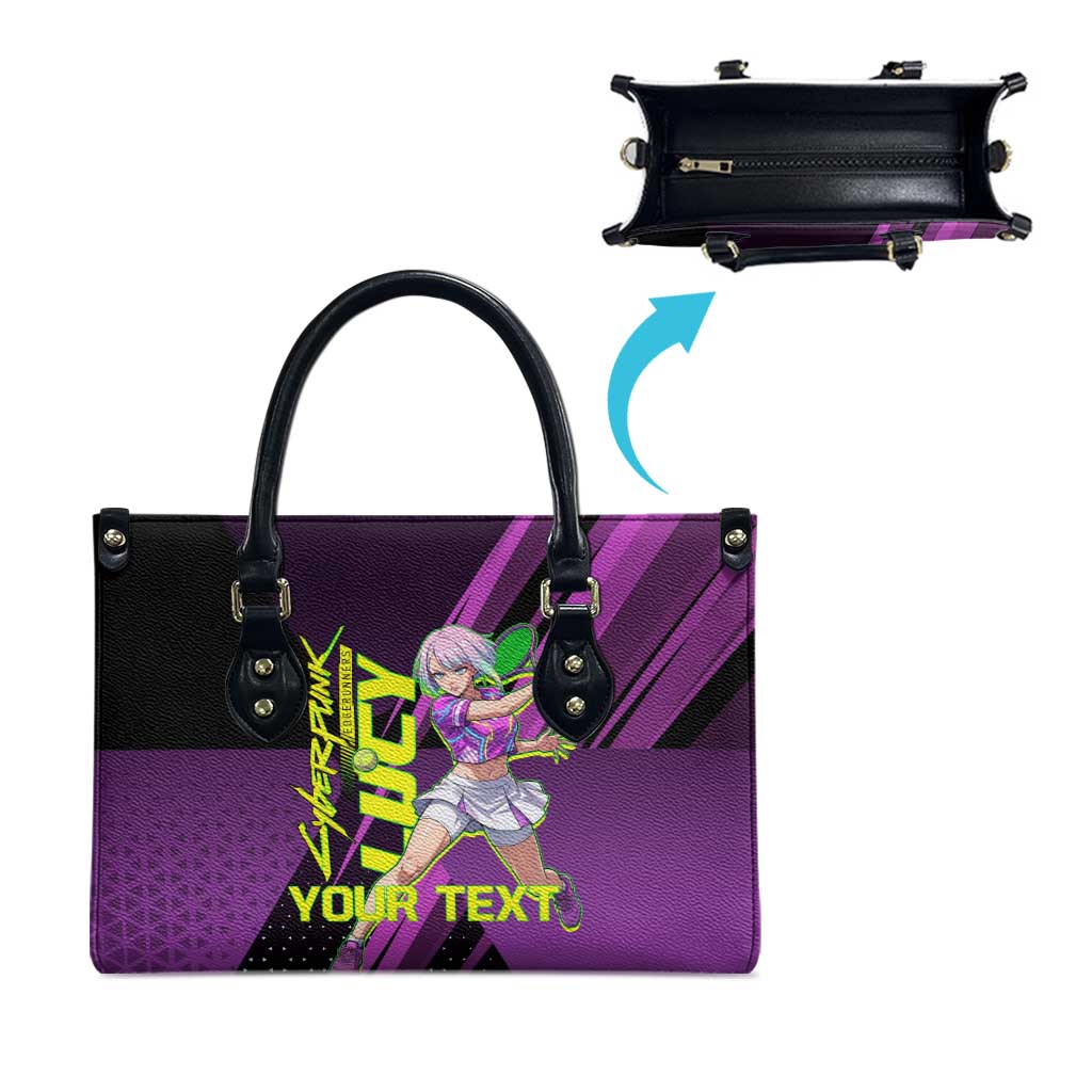 Personalized Lucy Tennis Design Leather Bag with a Cyberpunk Edgerunners Theme Featuring Neon Purple and Dynamic Poses