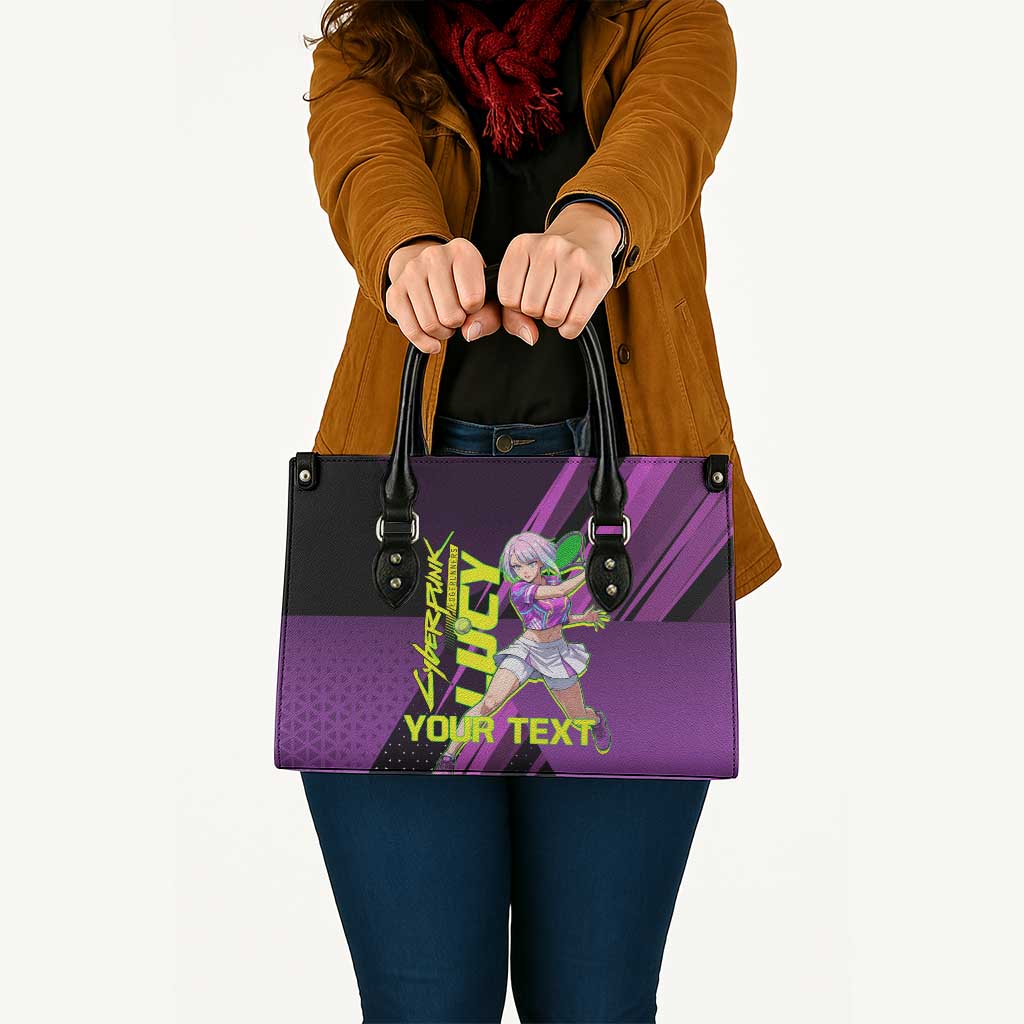 Personalized Lucy Tennis Design Leather Bag with a Cyberpunk Edgerunners Theme Featuring Neon Purple and Dynamic Poses