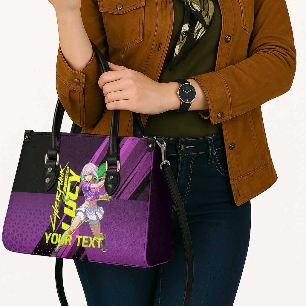 Personalized Lucy Tennis Design Leather Bag with a Cyberpunk Edgerunners Theme Featuring Neon Purple and Dynamic Poses