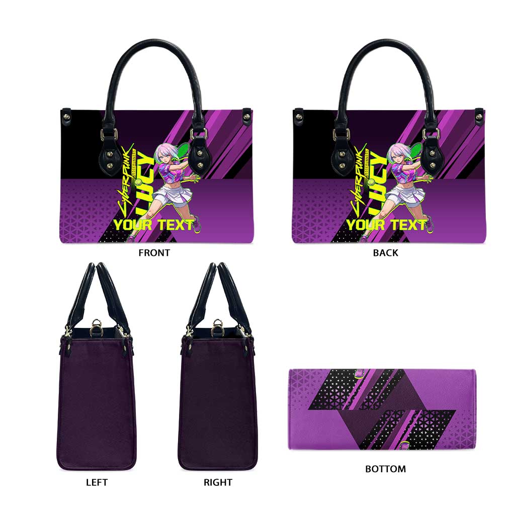 Personalized Lucy Tennis Design Leather Bag with a Cyberpunk Edgerunners Theme Featuring Neon Purple and Dynamic Poses