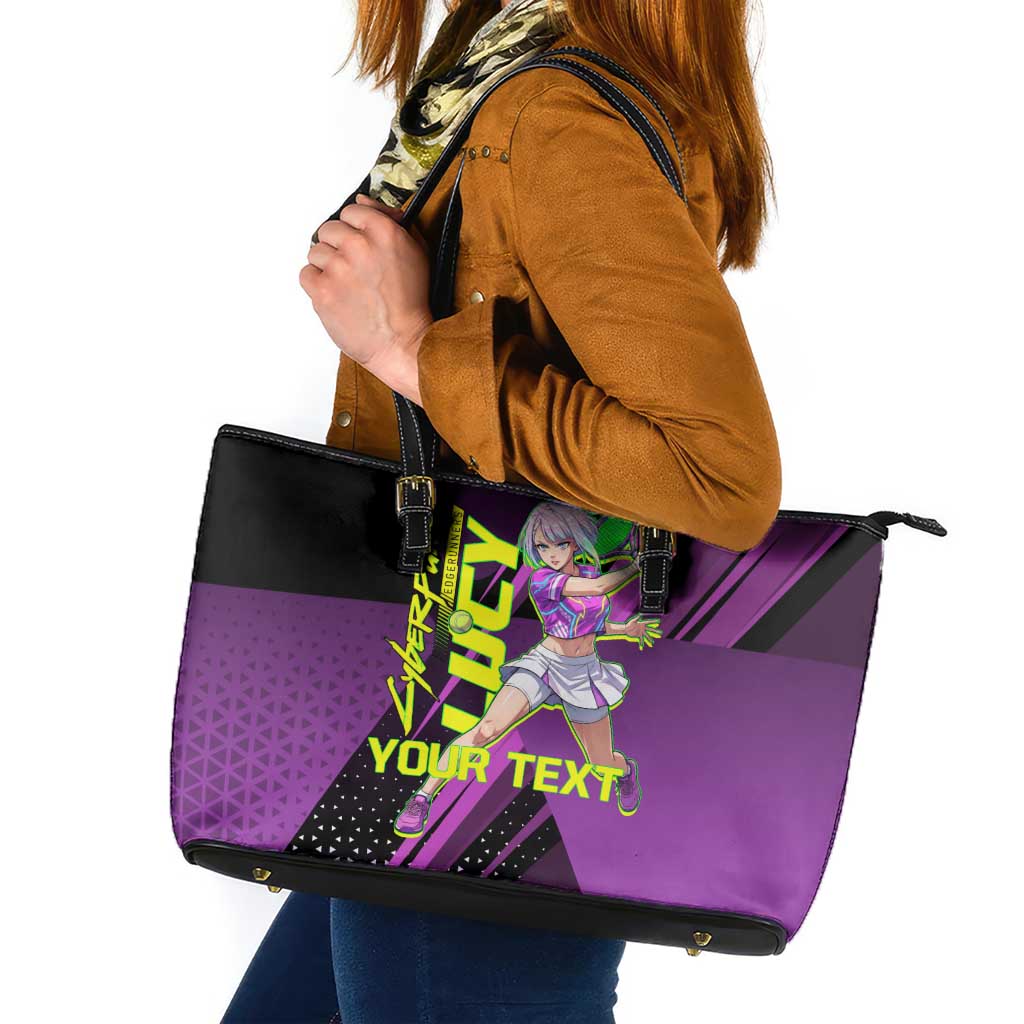 Personalized Lucy Tennis Design Leather Tote Bag with a Cyberpunk Edgerunners Theme Featuring Neon Purple and Dynamic Poses