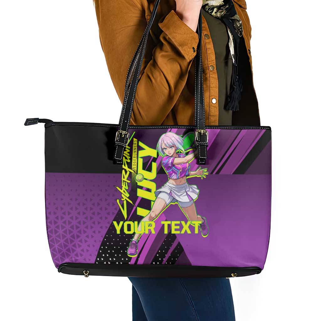 Personalized Lucy Tennis Design Leather Tote Bag with a Cyberpunk Edgerunners Theme Featuring Neon Purple and Dynamic Poses