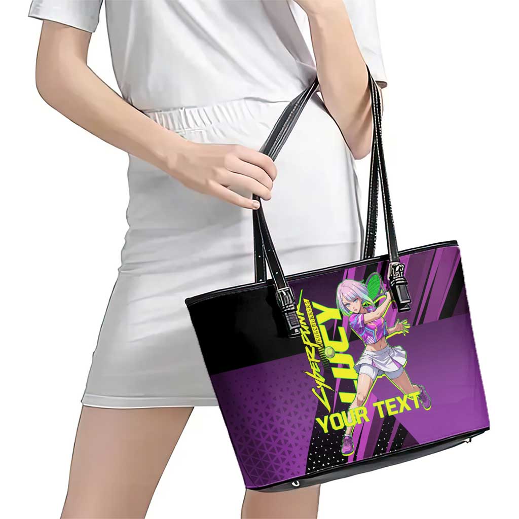 Personalized Lucy Tennis Design Leather Tote Bag with a Cyberpunk Edgerunners Theme Featuring Neon Purple and Dynamic Poses