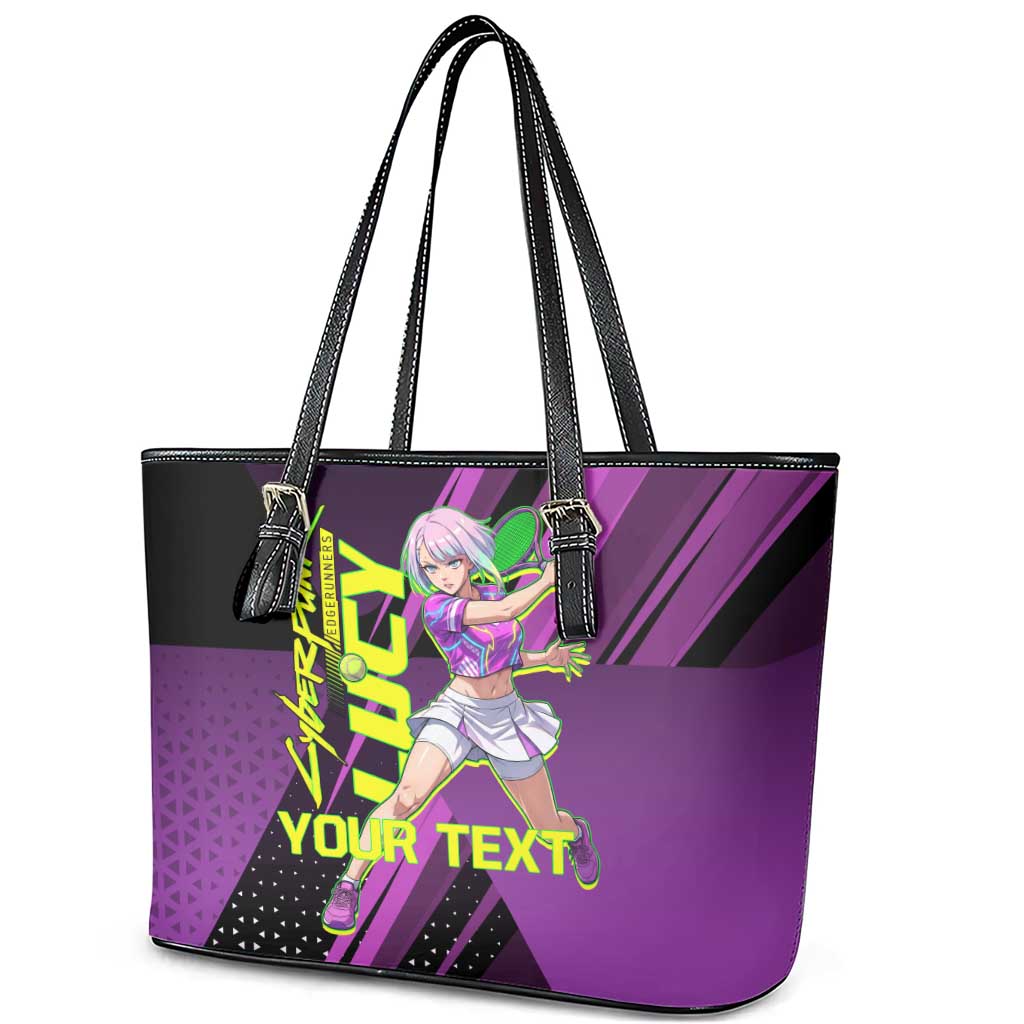 Personalized Lucy Tennis Design Leather Tote Bag with a Cyberpunk Edgerunners Theme Featuring Neon Purple and Dynamic Poses