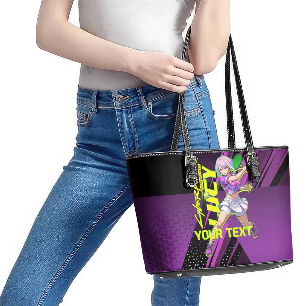 Personalized Lucy Tennis Design Leather Tote Bag with a Cyberpunk Edgerunners Theme Featuring Neon Purple and Dynamic Poses