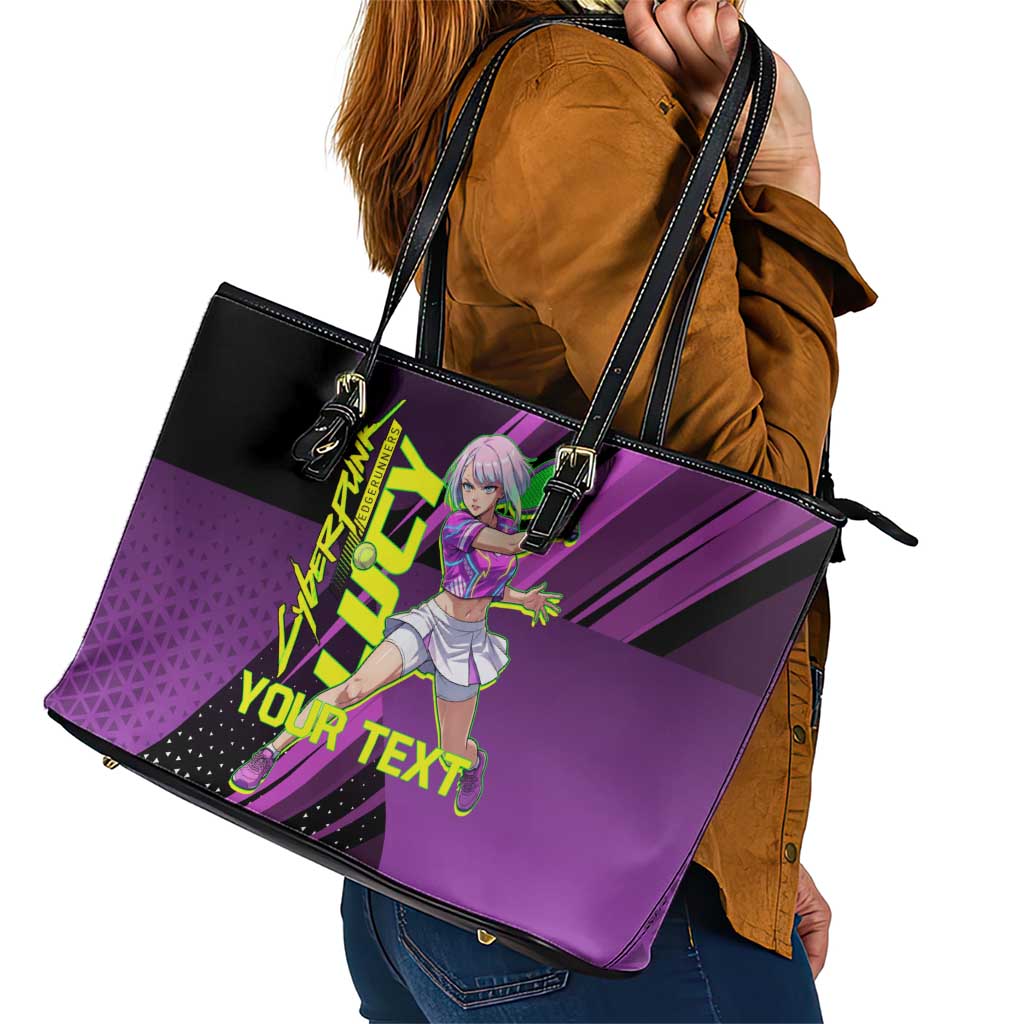 Personalized Lucy Tennis Design Leather Tote Bag with a Cyberpunk Edgerunners Theme Featuring Neon Purple and Dynamic Poses